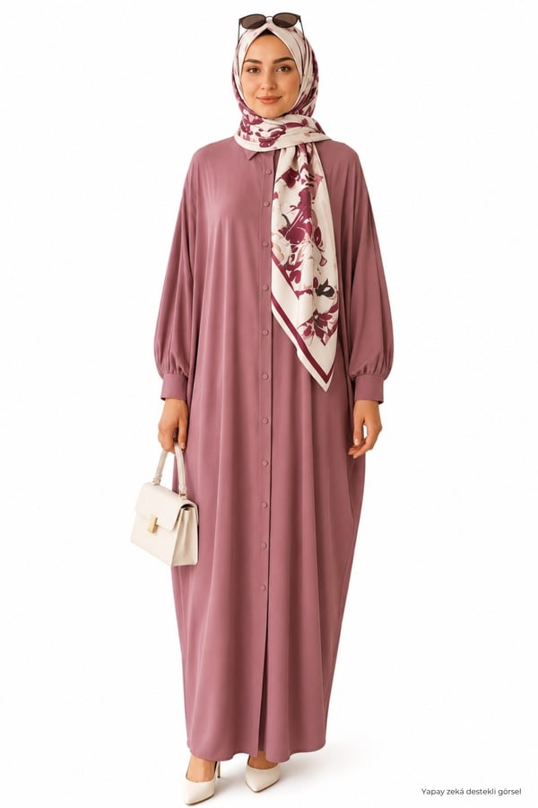 Kadın Sandy Tesettür Gömlek Elbise Abaya-Gül Kurusu