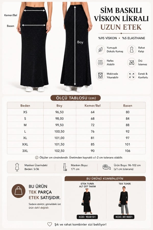 Simli Maxi Boy Etek-Siyah