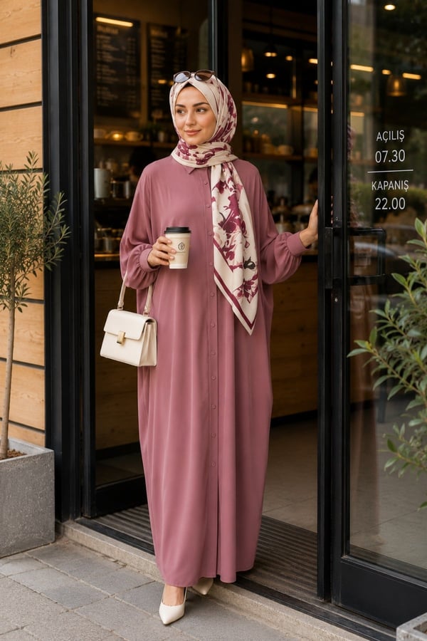 Kadın Sandy Tesettür Gömlek Elbise Abaya-Gül Kurusu