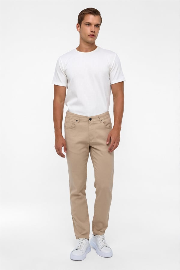 Bej Slim Fit 5 Cep Kalıp Armürlü Kanvas Pantolon - 1 Alana 1 Bedava