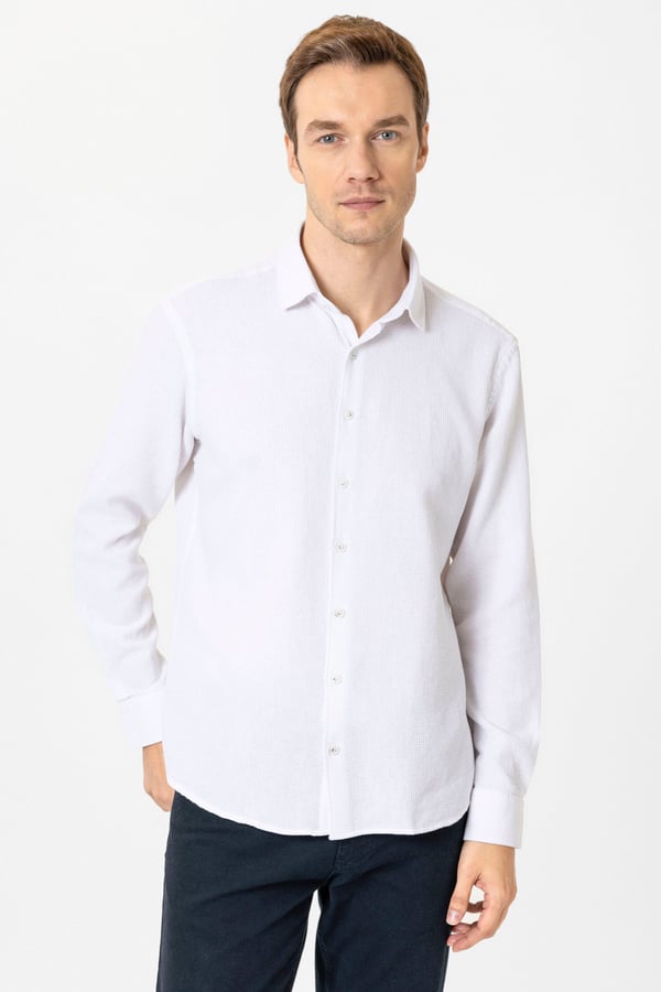Ekru Slim Fit Desenli Klasik Yaka Gömlek - 1 Alana 1 Bedava