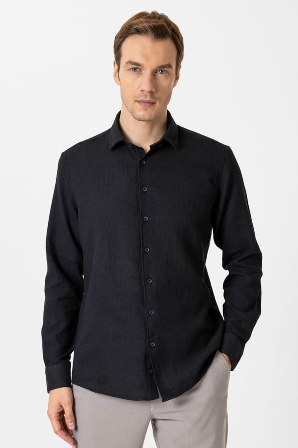 Siyah Slim Fit Desenli Klasik Yaka Gömlek - 1 Alana 1 Bedava