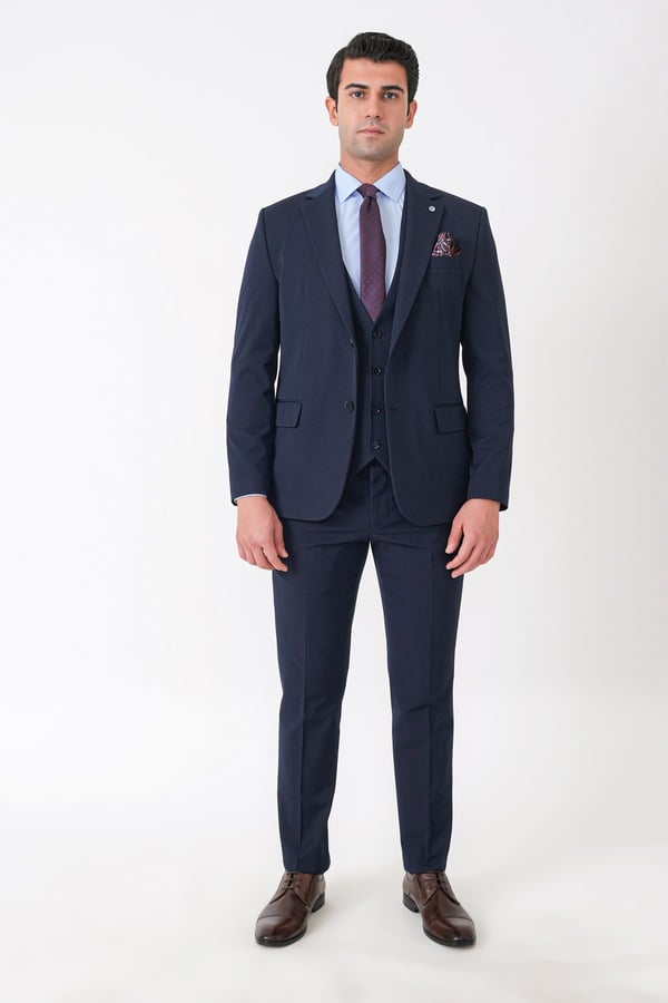 Slim Fit Çift Yırtmaç Esnek Yünlü Lacivert Yelekli Takım Elbise TK 958