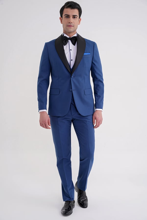 Slim Fit Çıkarılabilir Şal Saten Yaka Parlement Yelekli Damatlık Smokin Takım Black 072