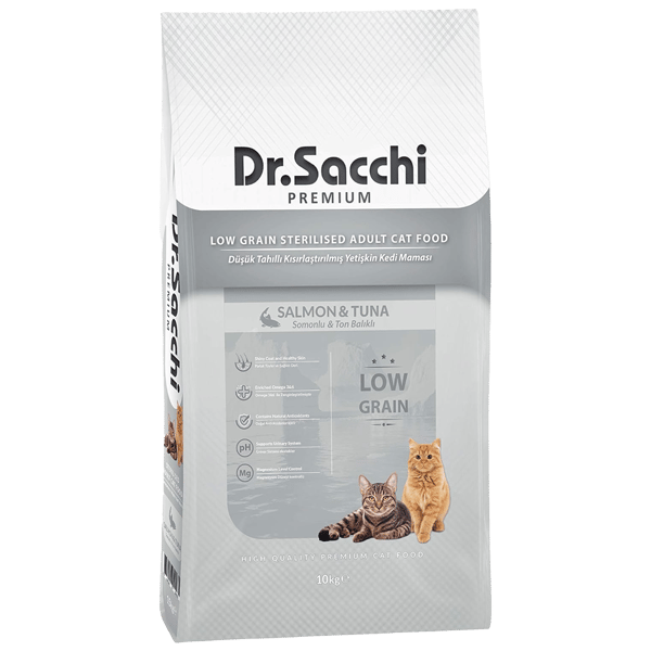 Dr.Sacchi Premium Somonlu ve Ton Balıklı Düşük Tahıllı Kısırlaştırılmış Kedi Maması 10kg