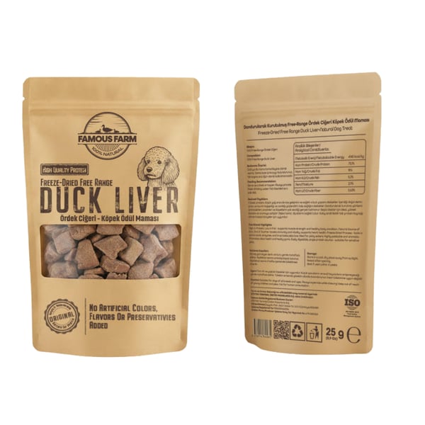 Famous Farm Dondurulmuş Kurutulmuş Ördek Ciğer Köpek Ödül Maması 25 Gr