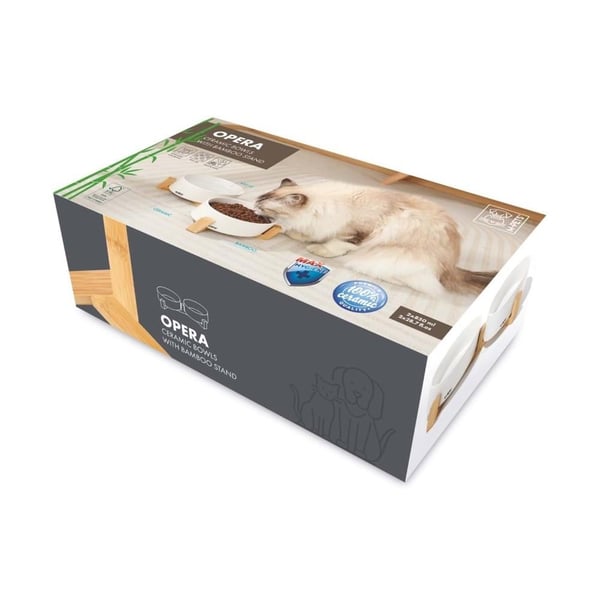 M-Pets Opera Kedi ve Köpekler için Bambu Standlı Seramik Mama ve Su Kabı 2x850 ml Beyaz