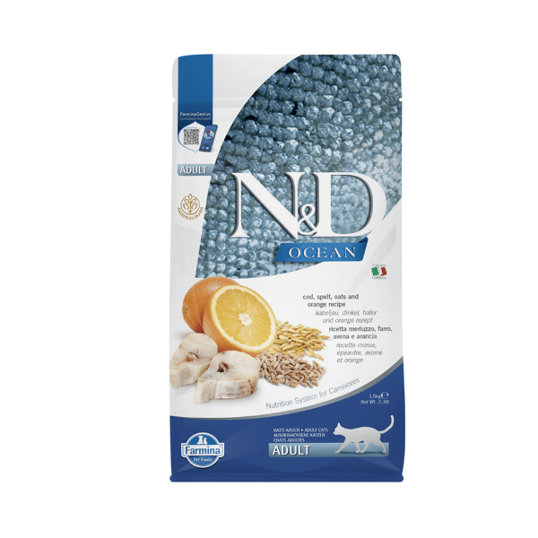 N&D Ocean Morina Balıklı ve Portakallı Ata Tahıllı Yetişkin Kedi Maması 1,5kg