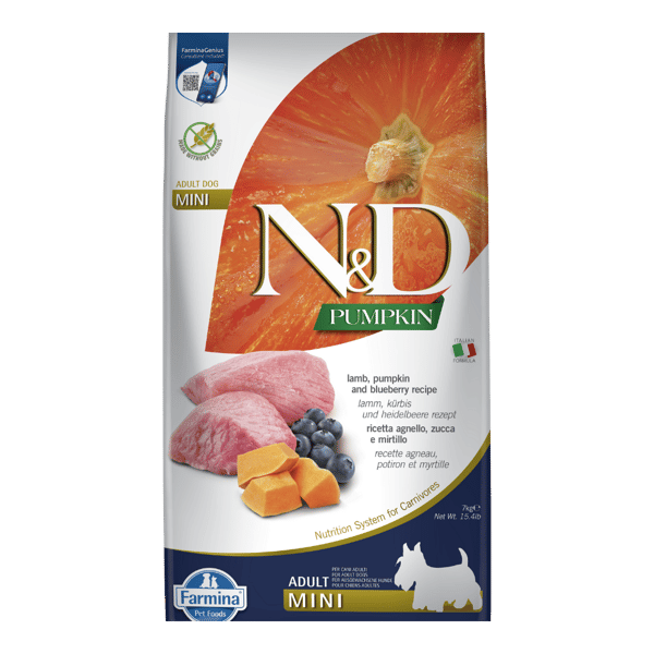 N&D Pumpkin Bal Kabaklı Kuzulu ve Yaban Mersinli Küçük Irk Tahılsız Yetişkin Köpek Maması 7kg