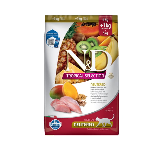 N&D Tropical Selection Tavuklu ve Tropikal Meyveli Kısırlaştırılmış Kedi Maması 4 kg + 1kg HEDİYE
