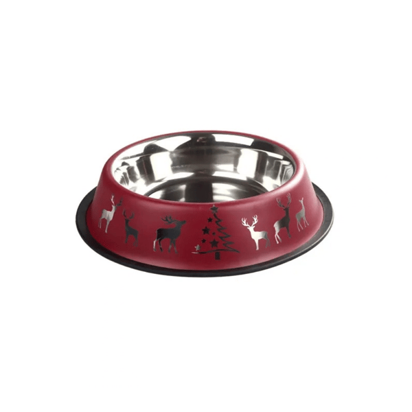 Oripet Yılbaşı Desenli Bordo Çelik Köpek Mama Kabı 32 Oz 18cm
