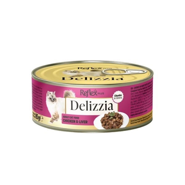 Reflex Plus Delizzia Sos İçinde Tavuklu ve Ciğerli Parça Etli Yetişkin Kedi Konservesi 85 gr