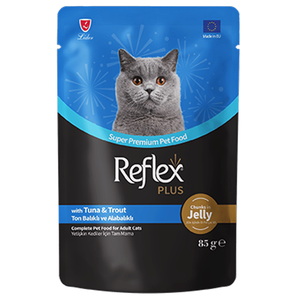 Reflex Plus Jöle İçinde Parça Ton Balıklı ve Alabalıklı Yetişkin Kedi Konservesi 85gr