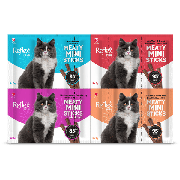 Reflex Plus Mini Sticks Somonlu, Biftekli & Kuzu Etli, Tavuk Etli & Kızılcıklı, Hindi & Kuzu Etli Yetişkin Kedi Ödül Çubuğu 20x2gr