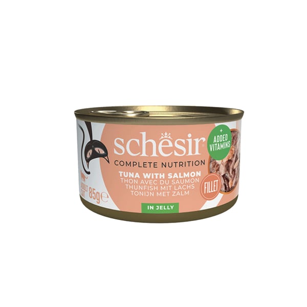 Schesir Tam ve Dengeli Ton Balığı ile Somonlu Jöle İçinde Kedi Konservesi 85g
