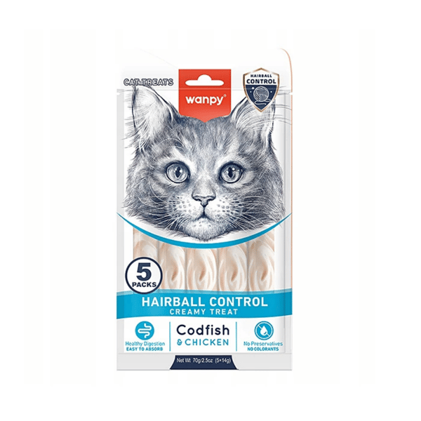 Wanpy Hairball Control Morina Balığı ve Tavuklu Fonksiyonel Krema Kedi Ödülü 5x14gr