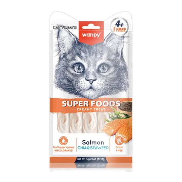 Wanpy Superfood Somonlu, Chia & Deniz Yosunlu Krema Kedi Ödülü 5 x 14 gr