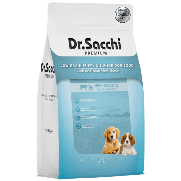 Dr.Sacchi Premium Düşük Tahıllı Sığır Etli ve Kuzu Etli Yavru Köpek Maması 1,5kg