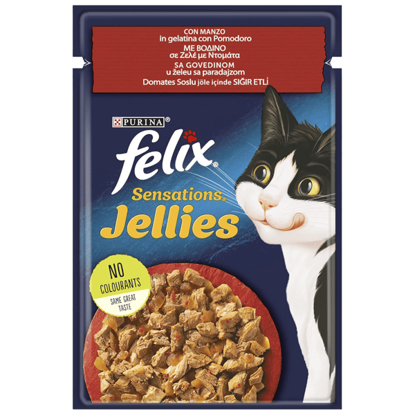 Felix Pouch Jöle İçinde Sığır Etli ve Domatesli Yetişkin Kedi Konservesi 85gr