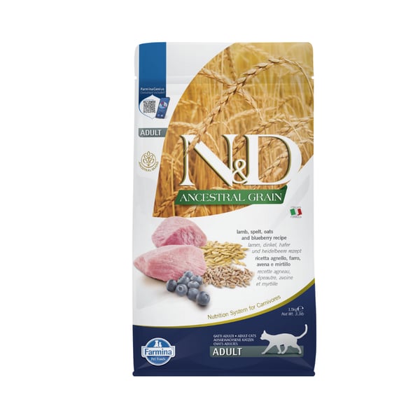 N&D Ancestral Grain Kuzu Etli ve Yaban Mersinli Ata Tahıllı Yetişkin Kedi Maması 1,5kg