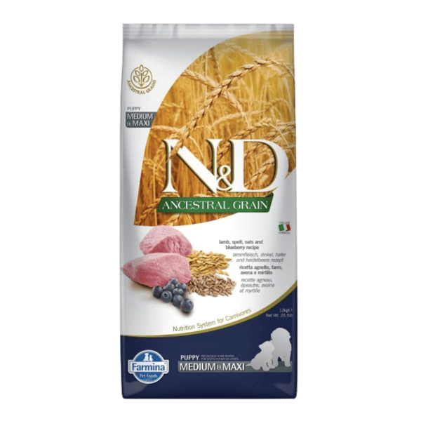 N&D Ancestral Grain Kuzu Etli Yaban Mersinli Orta ve Büyük Irk Ata Tahıllı Yavru Köpek Maması 12kg
