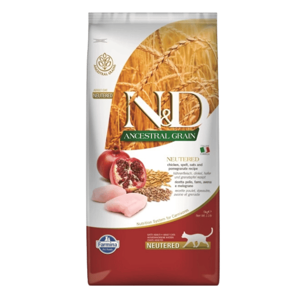 N&D Ancestral Grain Tavuklu ve Narlı Ata Tahıllı Kısırlaştırılmış Kedi Maması 5kg