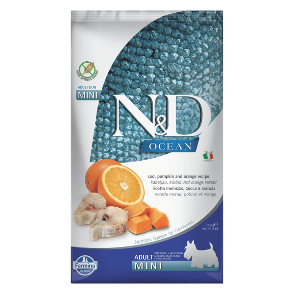 N&D Ocean Bal Kabaklı Morina Balıklı ve Portakallı Küçük Irk Tahılsız Yetişkin Köpek Maması 2,5kg