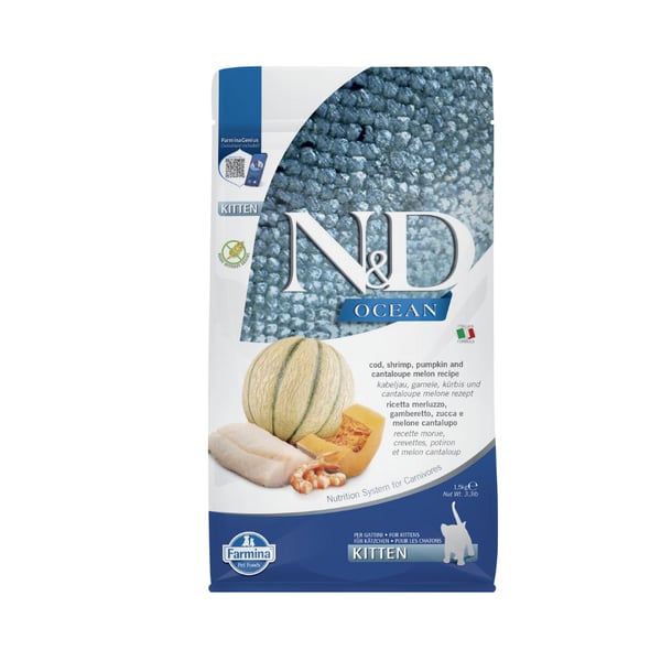 N&D Ocean Morina Balıklı Bal Kabaklı Karidesli ve Kavunlu Tahılsız Yavru Kedi Maması 1,5kg