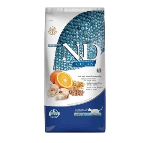 N&D Ocean Morina Balıklı ve Portakallı Ata Tahıllı Yetişkin Kedi Maması 10kg