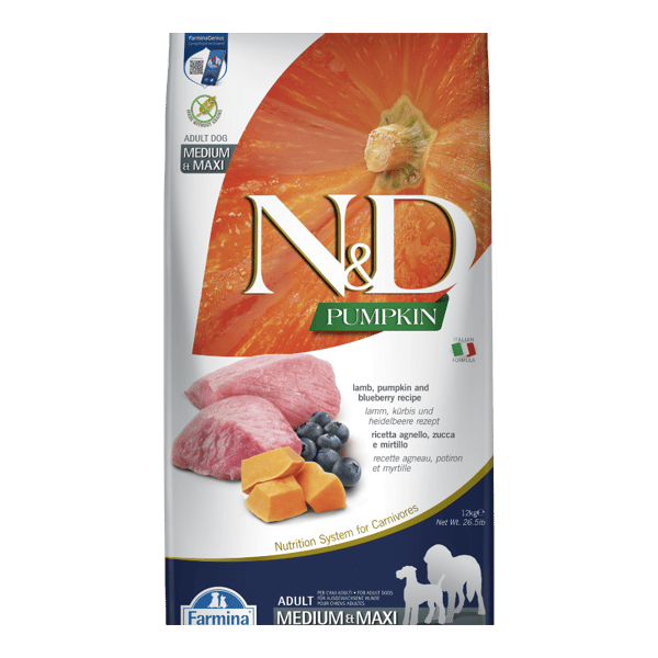 N&D Pumpkin Bal Kabaklı Kuzulu Yaban Mersinli Orta ve Büyük Irk Tahılsız Yetişkin Köpek Maması 12kg