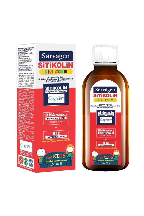 Kids Sıvı Form - Sitikolin DHA Omega 3 Norveç Balık Yağı ve B12 - 150 ml