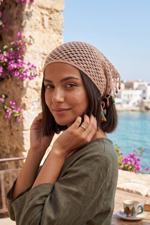 %100 El Örgüsü Boncuklu Bohem Kadın Bandana Saç Aksesuarı
