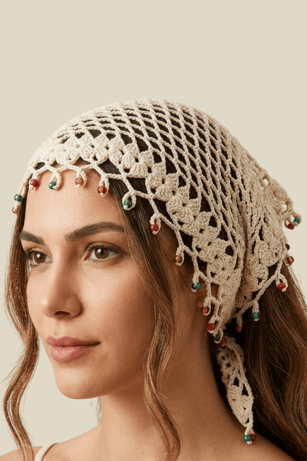 %100 El Örgüsü Boncuklu Bohem Kadın Bandana Saç Aksesuarı