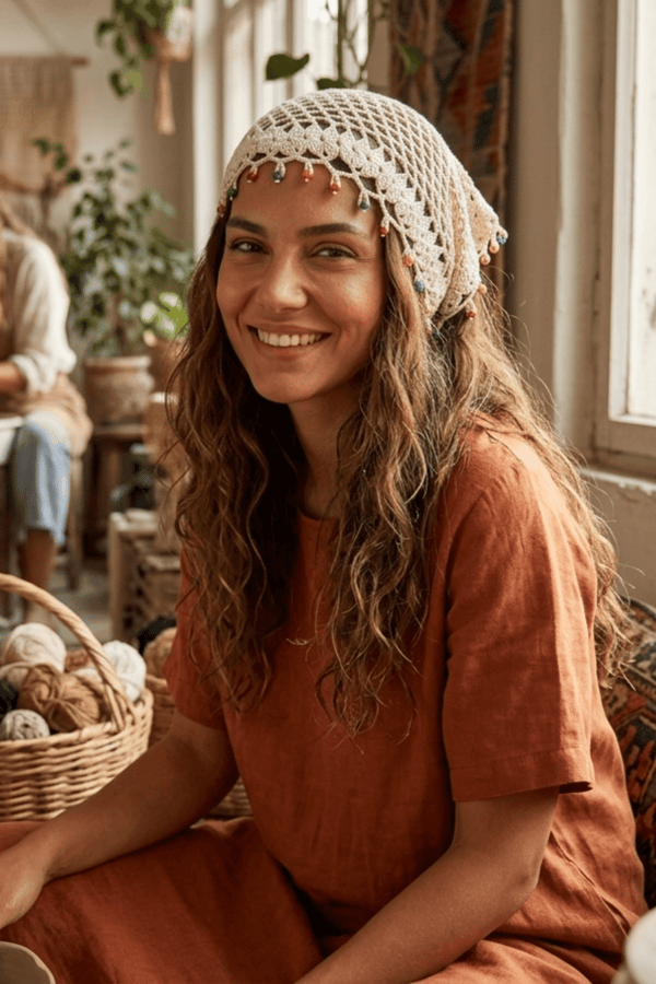 %100 El Örgüsü Boncuklu Bohem Kadın Bandana Saç Aksesuarı