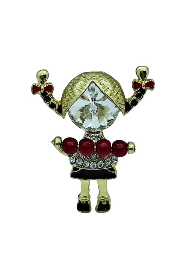 Kırmızı Boncuklu Taşlı Kız Figürü Broş – Sevimli Figürlü Şık Brooch Pin