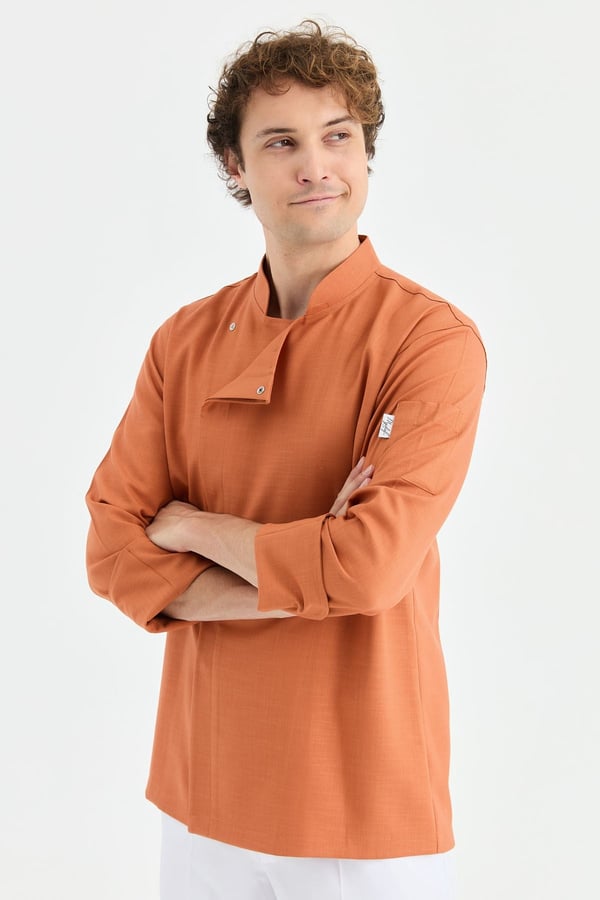 1923 Gizli Pat Erkek Şef Ceketi Kiremit - Keten Dokulu Esnek Mutfak Kıyafeti - MyChef Uniforms