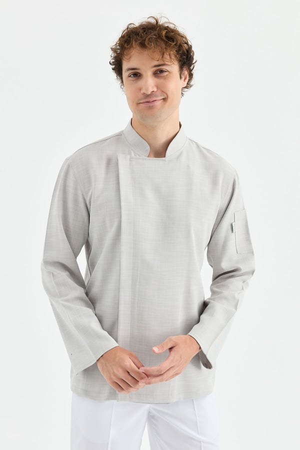 1923 Gizli Pat Şef Ceketi Gri - Keten Dokulu Esnek Mutfak Kıyafeti - MyChef Uniforms