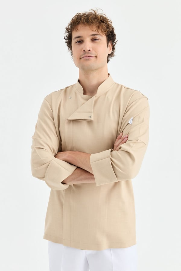 1923 Gizli Pat Erkek Şef Ceketi Koyu Bej - Keten Dokulu Esnek Mutfak Kıyafeti - MyChef Uniforms