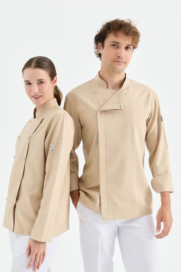 1923 Gizli Pat Erkek Şef Ceketi Koyu Bej - Keten Dokulu Esnek Mutfak Kıyafeti - MyChef Uniforms