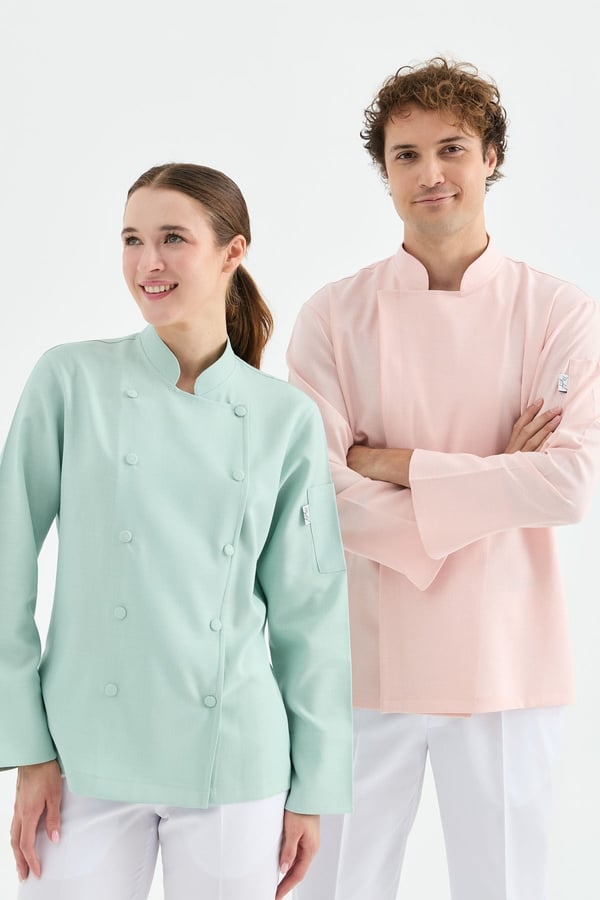 1923 Gizli Pat Erkek Şef Ceketi Pembe - Keten Dokulu Esnek Mutfak Kıyafeti - MyChef Uniforms