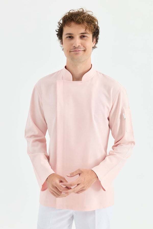 1923 Gizli Pat Erkek Şef Ceketi Pembe - Keten Dokulu Esnek Mutfak Kıyafeti - MyChef Uniforms