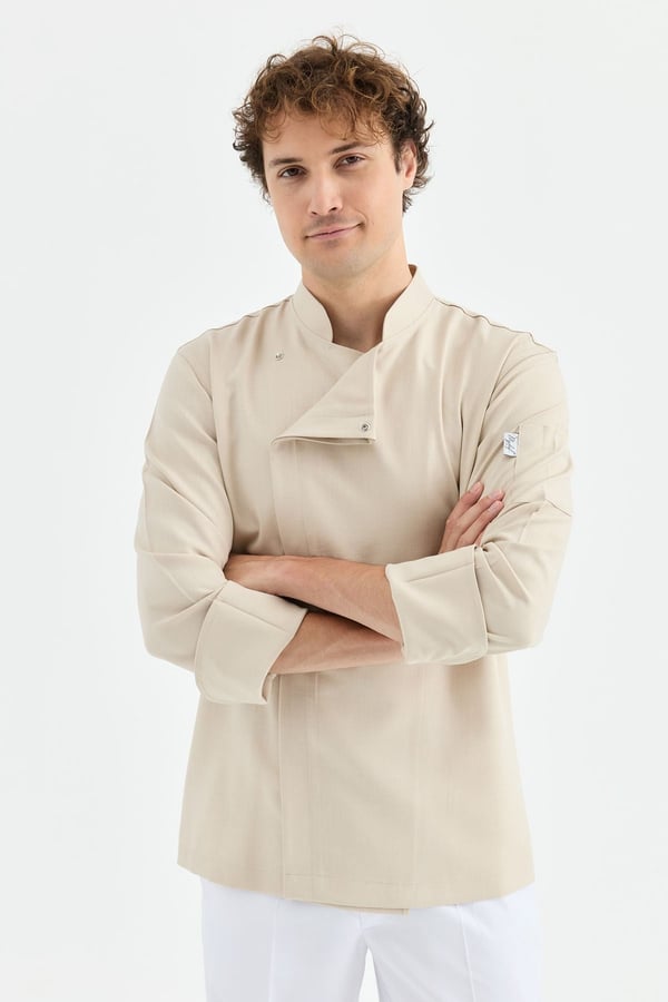 1923 Gizli Pat Erkek Şef Ceketi Bej - Keten Dokulu Esnek Mutfak Kıyafeti - MyChef Uniforms