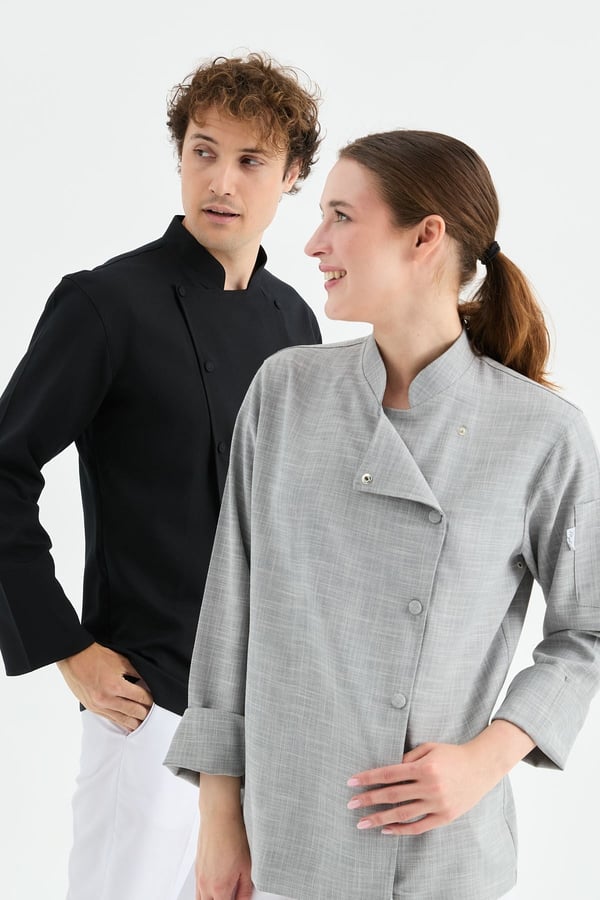 1923 Gizli Pat Erkek Şef Ceketi Siyah - Keten Dokulu Esnek Mutfak Kıyafeti - MyChef Uniforms