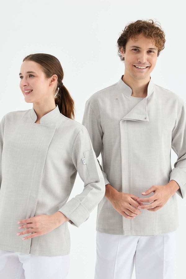 1923 Gizli Pat Şef Ceketi Gri - Keten Dokulu Esnek Mutfak Kıyafeti - MyChef Uniforms