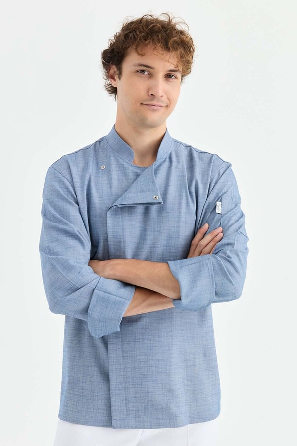1923 Gizli Pat Şef Ceketi Lacivert - Keten Dokulu Esnek Mutfak Kıyafeti - MyChef Uniforms