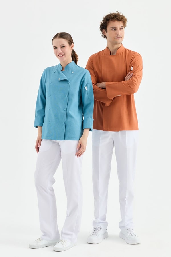 1923 Gizli Pat Erkek Şef Ceketi Kiremit - Keten Dokulu Esnek Mutfak Kıyafeti - MyChef Uniforms