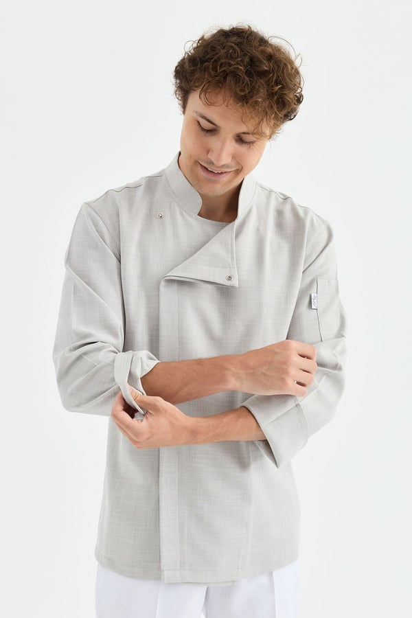1923 Gizli Pat Şef Ceketi Gri - Keten Dokulu Esnek Mutfak Kıyafeti - MyChef Uniforms