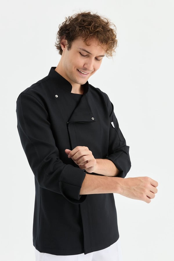 1923 Gizli Pat Erkek Şef Ceketi Siyah - Keten Dokulu Esnek Mutfak Kıyafeti - MyChef Uniforms