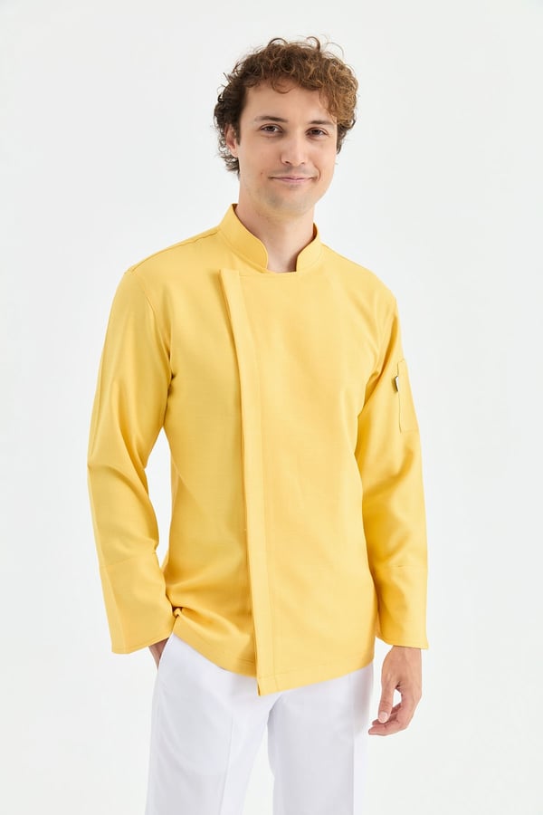 1923 Gizli Pat Erkek Şef Ceketi Sarı - Keten Dokulu Esnek Mutfak Kıyafeti - MyChef Uniforms