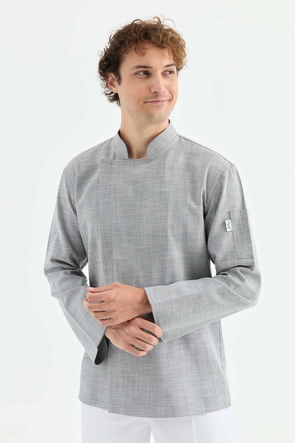 1923 Gizli Pat Şef Ceketi Koyu Gri - Keten Dokulu Esnek Mutfak Kıyafeti - MyChef Uniforms